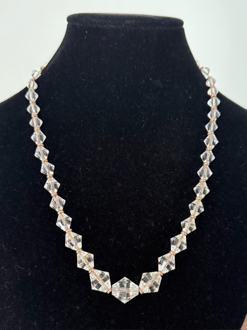 Vintage Art Deco Clear Glass Bicone Bead Necklace w/ Gold Filled Beads & Clasp